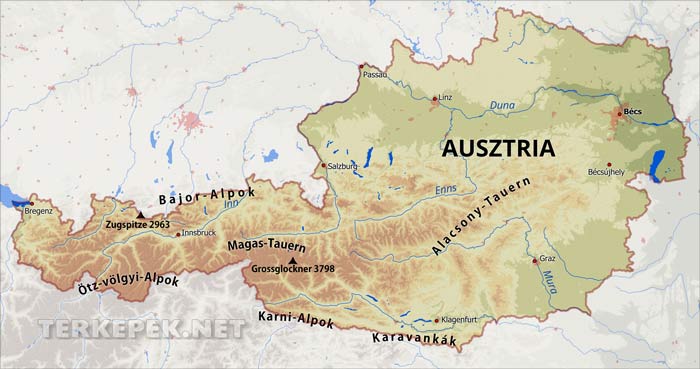 Ausztria domborzati térképe